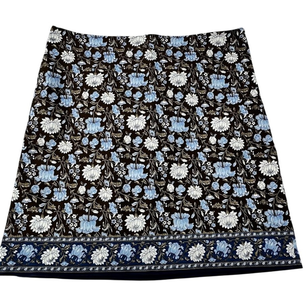 Talbots A-Line Skirt Women 16 Brown Blue Floral Cotton Stretch Border
